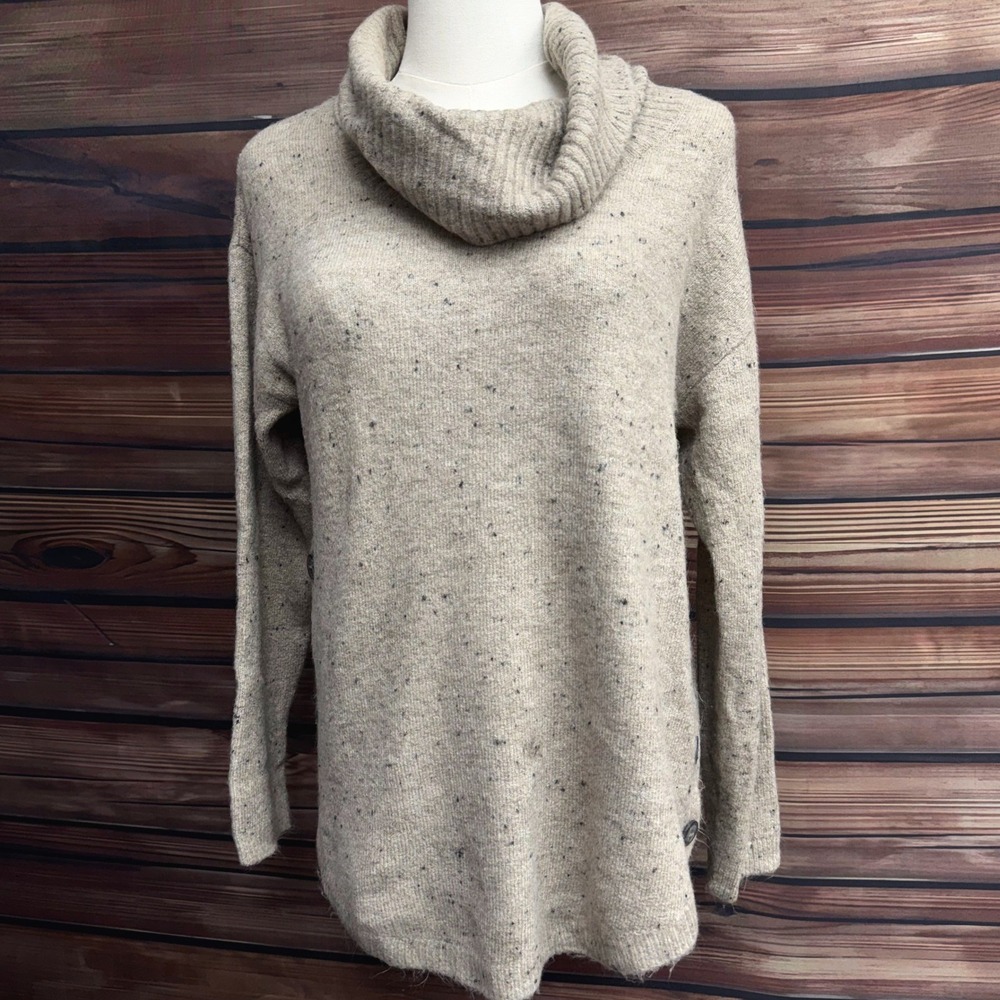 Fortune + Ivy Women Beige Oatmeal Speckled Cowl Neck Button Side Sweater Small